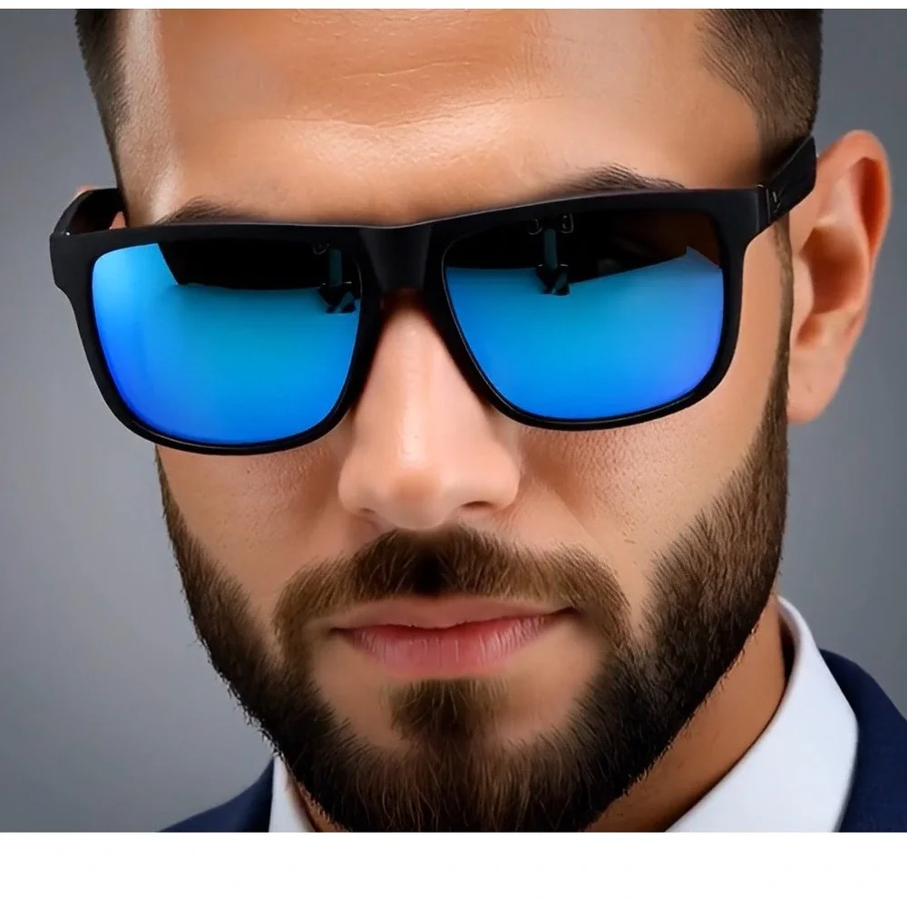 Men's Black Rectangular Sunglasses Blue Mirrored‎ Lenses PC Frame Lentes Gafas